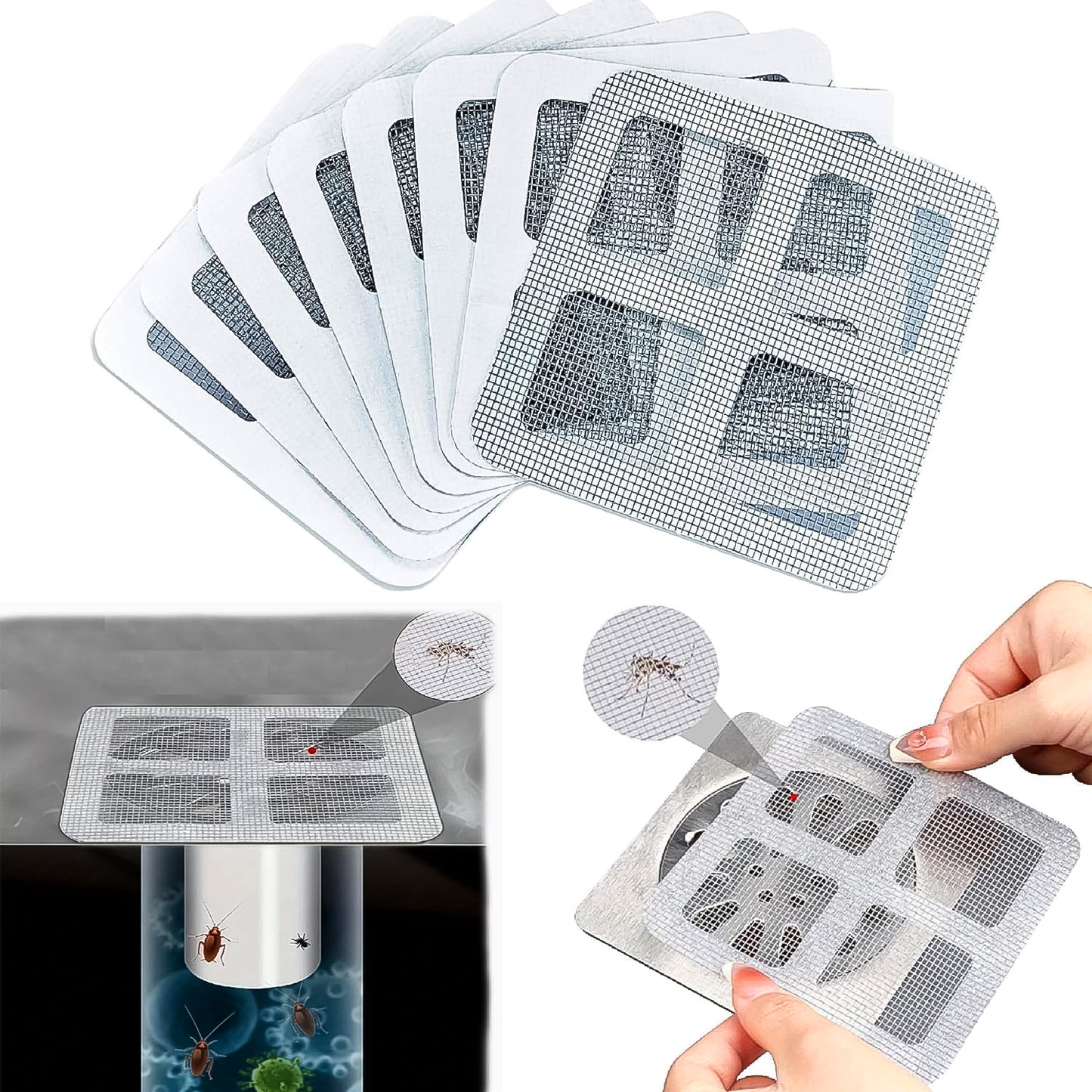 Wukusy window screen mesh hole repair kit with 10 adhesive patches, suitable for home improvement and screen repair.