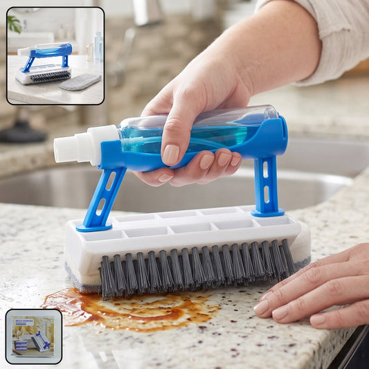 Wukusy 3-in-1 multi-purpose cleaning brush with soap dispenser, sponge, and scrubber for kitchen and household cleaning.