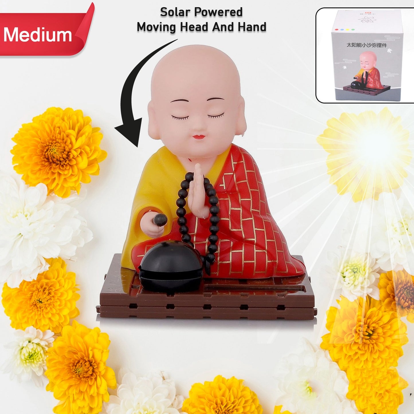 Solar powered sitting Buddha statue with moving head and hand, medium size, decorative home decor by Wukusy.