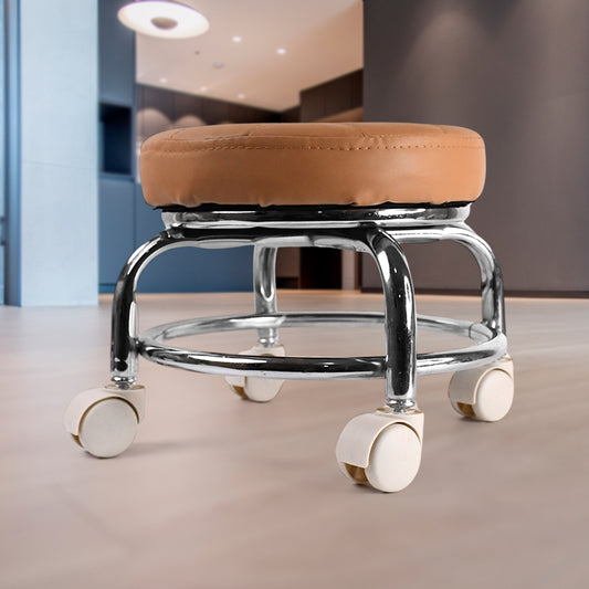 Wukusy heavy-duty steel round rolling pedicure stool with wheels, adjustable height, and cushioned seat for home improvement use.