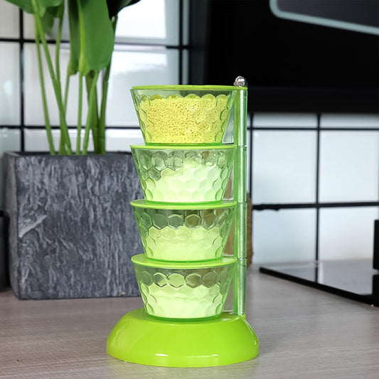 Wukusy 4-section 360° rotating plastic spice rack with pickle tower, four layers, includes four plastic spoons for seasoning storage.