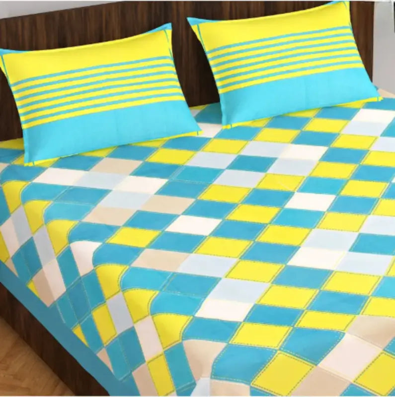 Ekom super soft pure cotton fitted double bedsheet with two pillow covers, 100x90 inches, in a cozy bedroom setting.