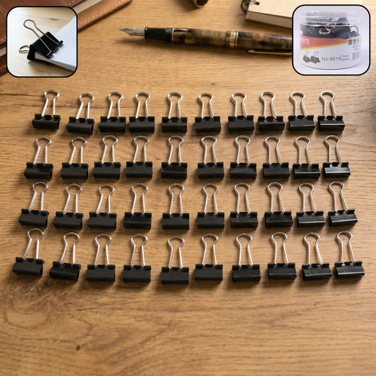 Set of 40 black heavy-duty binder clips, 19 mm size, from Wukusy, shown holding papers with sturdy metal handles.