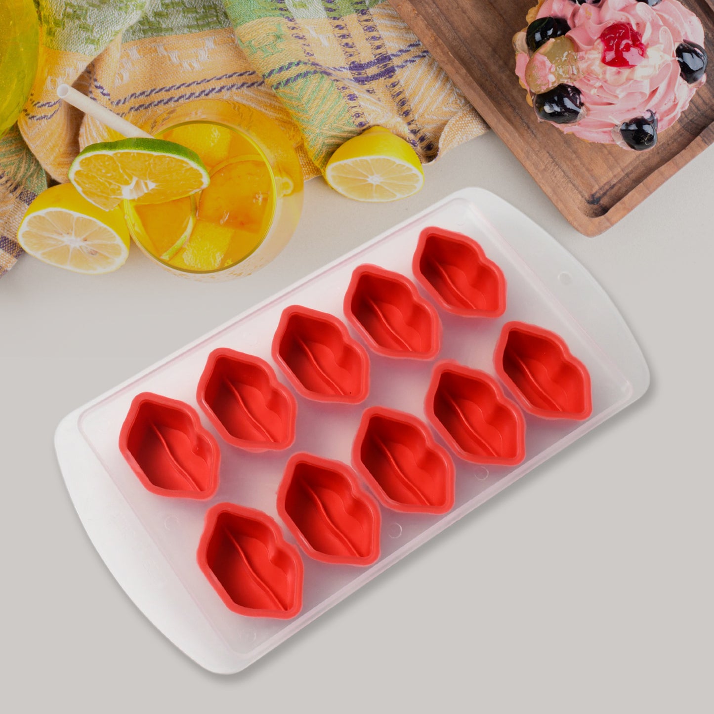 Wukusy silicone ice cube tray with colorful fruit-shaped molds for creative, multi-type ice cubes in a flexible tray