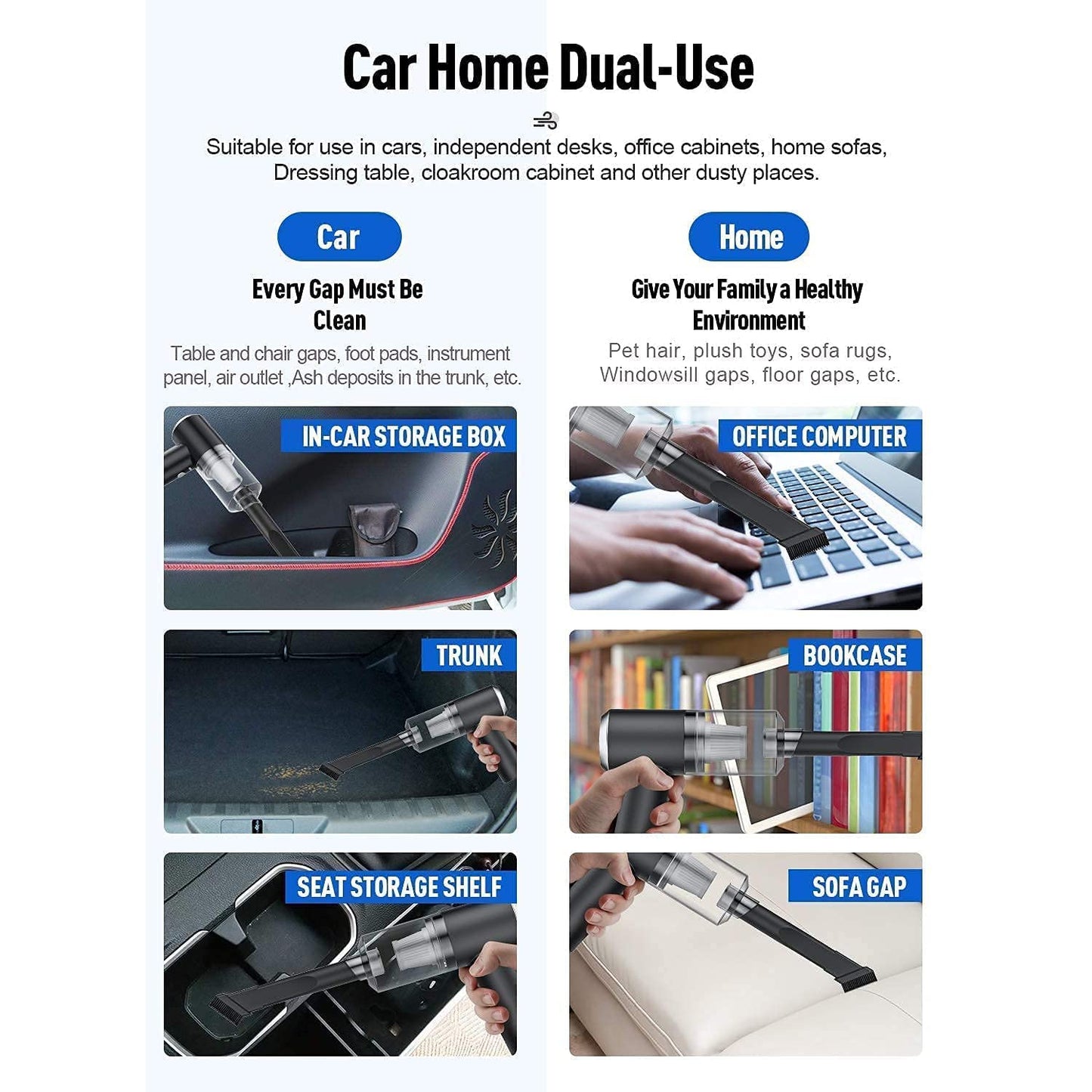 Wukusy 2-in-1 handheld wireless vacuum cleaner with dust collection, 120W power, portable design for home and car cleaning.