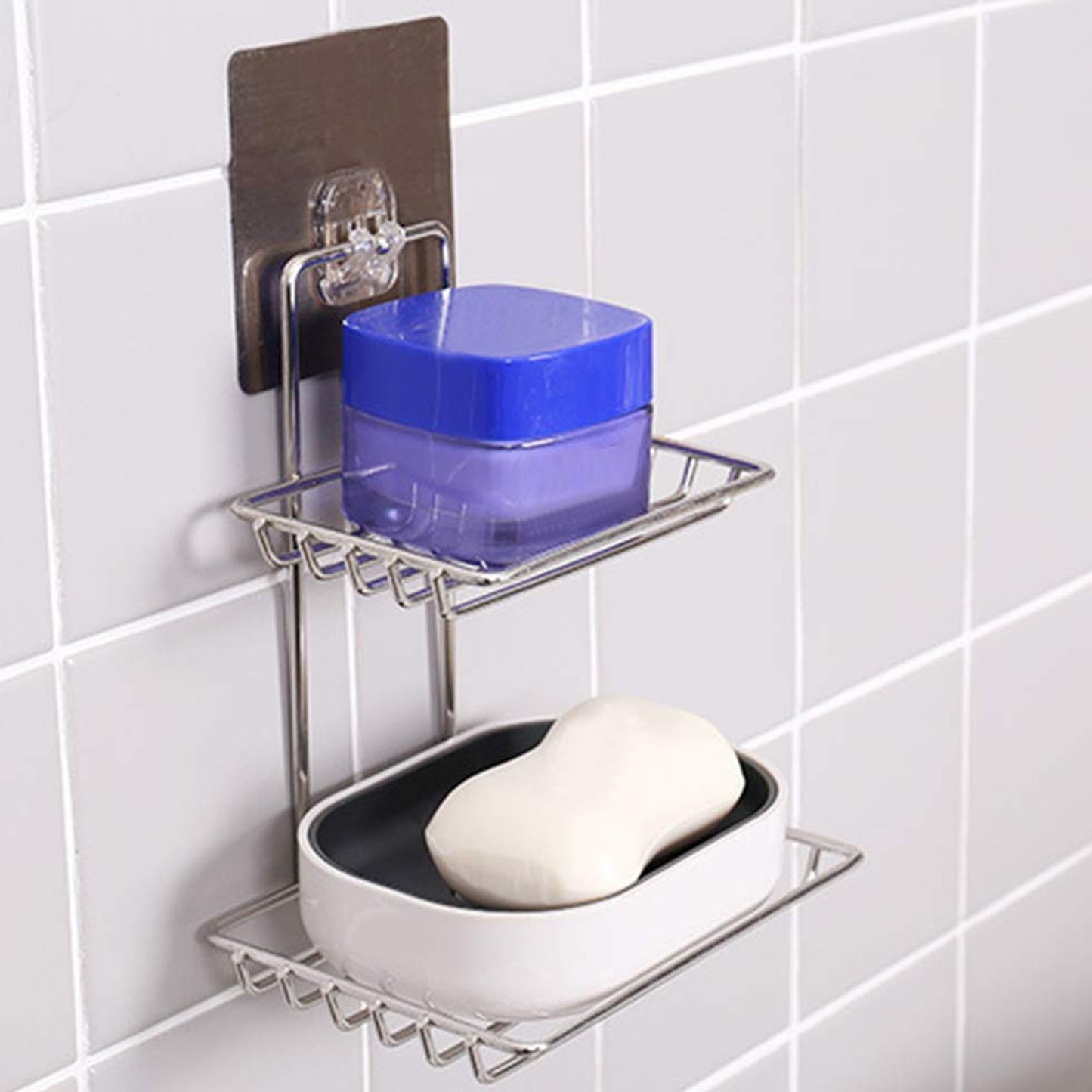 Wukusy kitchen bathroom soap storage rack with two hooks, mounted on wall, made of durable material for organizing soaps and accessories