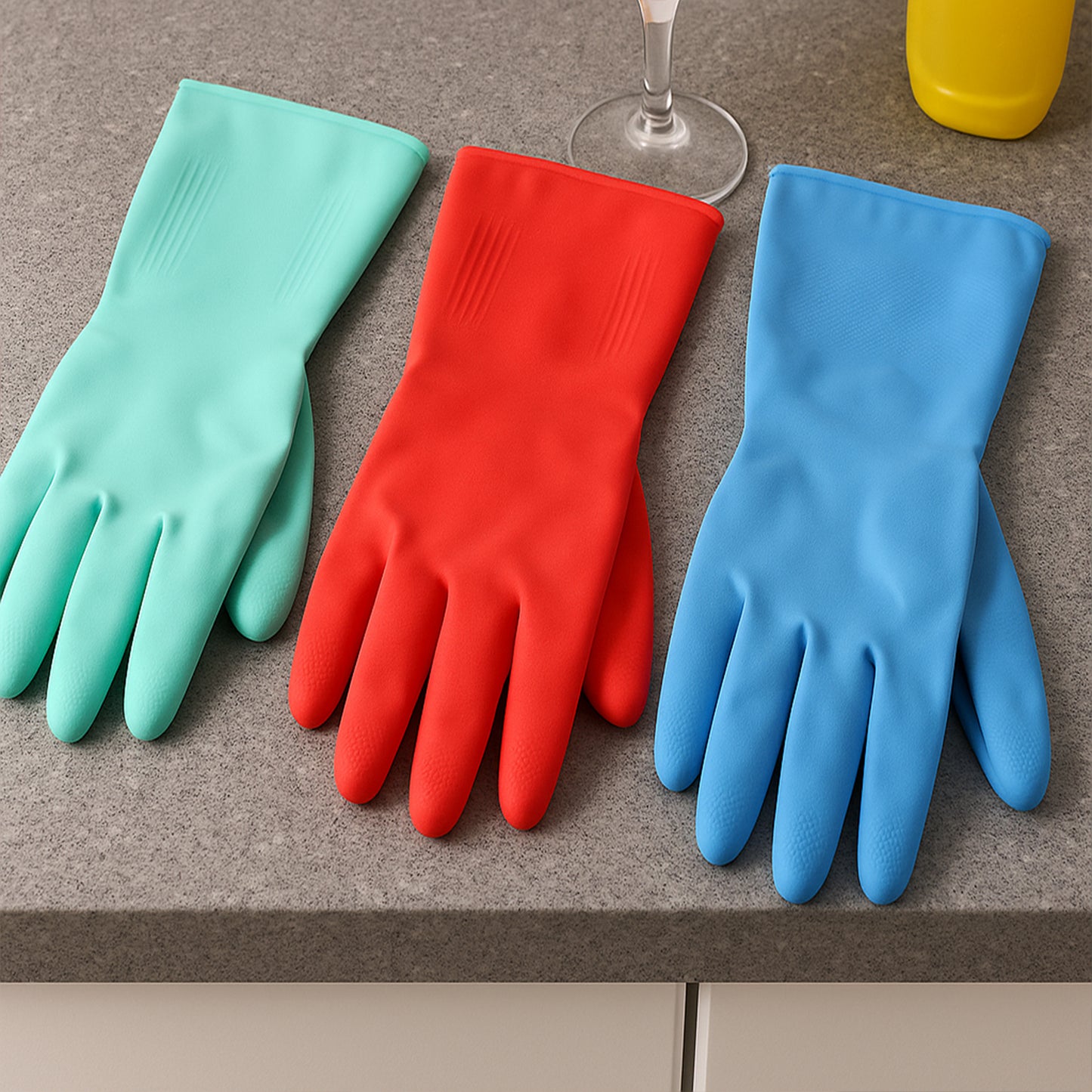 Pair of Wukusy long cuff multipurpose rubber cleaning gloves in mixed colors, suitable for home improvement tasks.