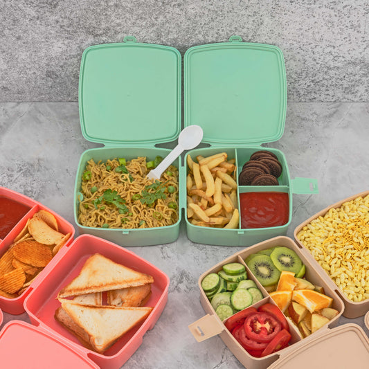 Wukusy double-layer square plastic lunch box with four compartments, push lock, spoon, suitable for travel, school, office, and home.