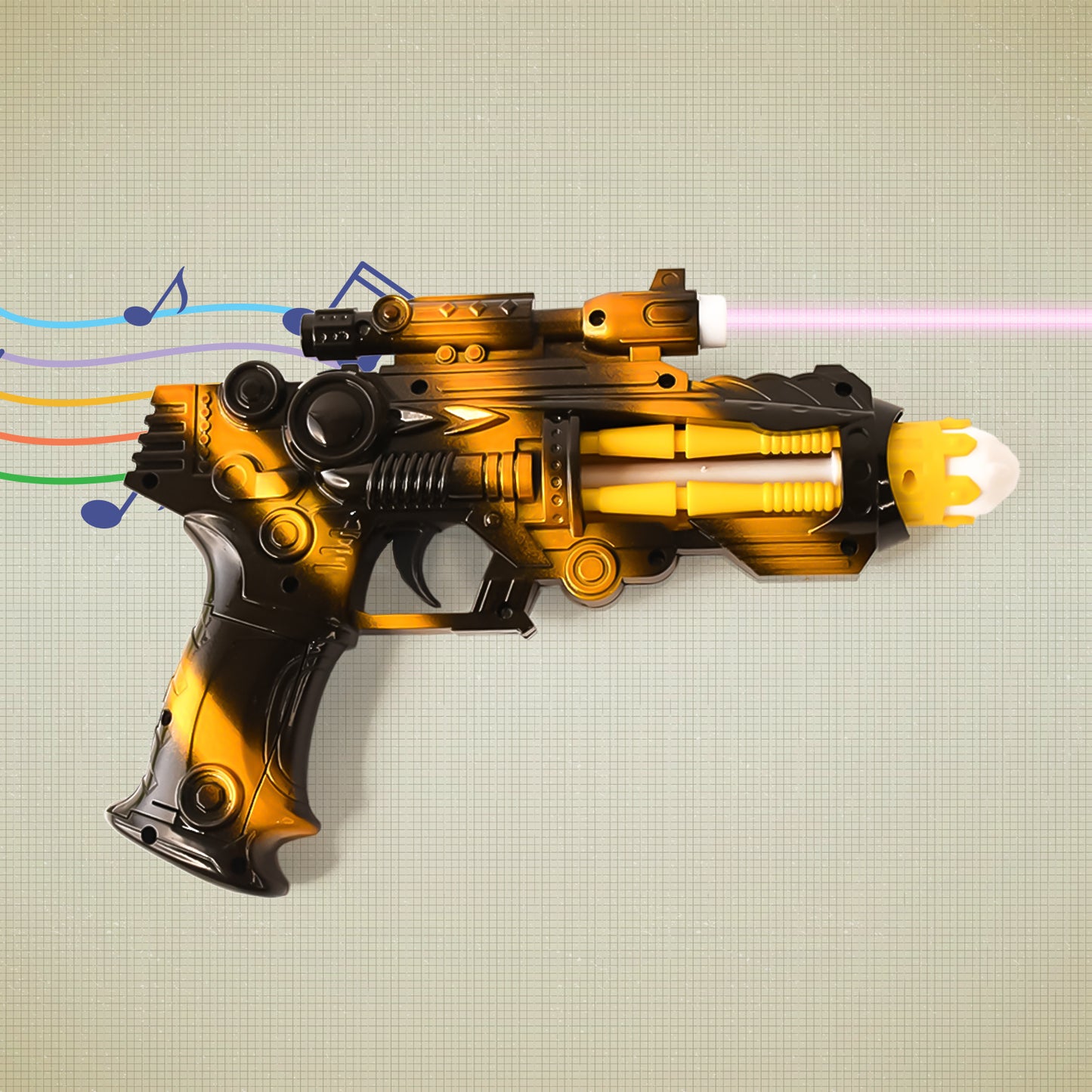 Wukusy Ttg LED laser gun toy with flashing lights and sound, battery-operated space blaster for kids, in vibrant colors.
