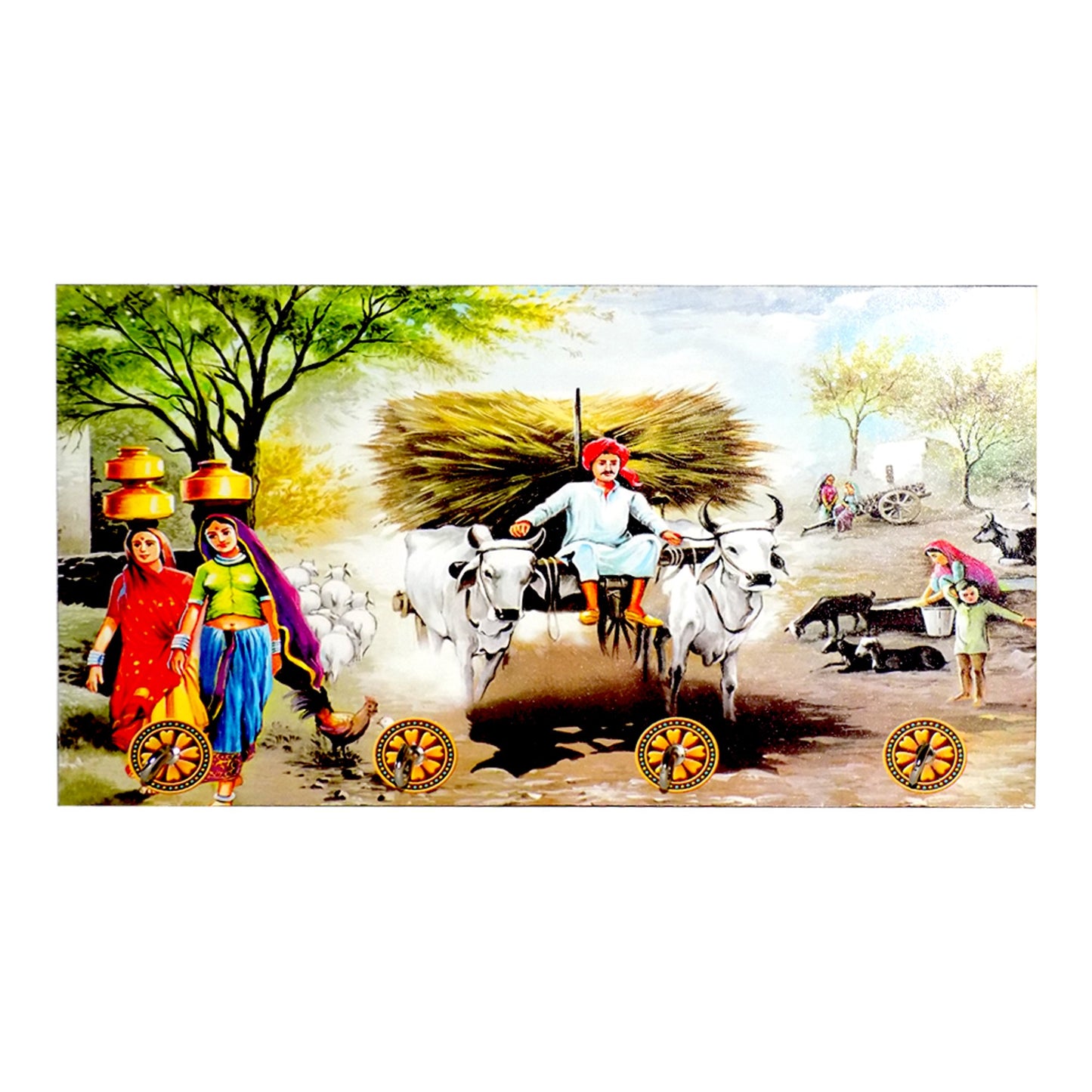 Decorative wooden landscape art by Wukusy with hooks for wall hanging, ideal as home decor piece.