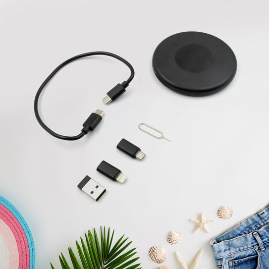 Wukusy 5-in-1 mini multi-functional fast charging data cable set with storage box, compatible with Apple, Android, and Type C devices.