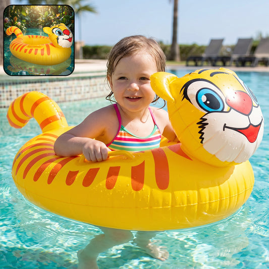 Inflatable kids swimming ring featuring cartoon animal shapes, Wukusy brand swim tube for children, colorful mix designs visible.