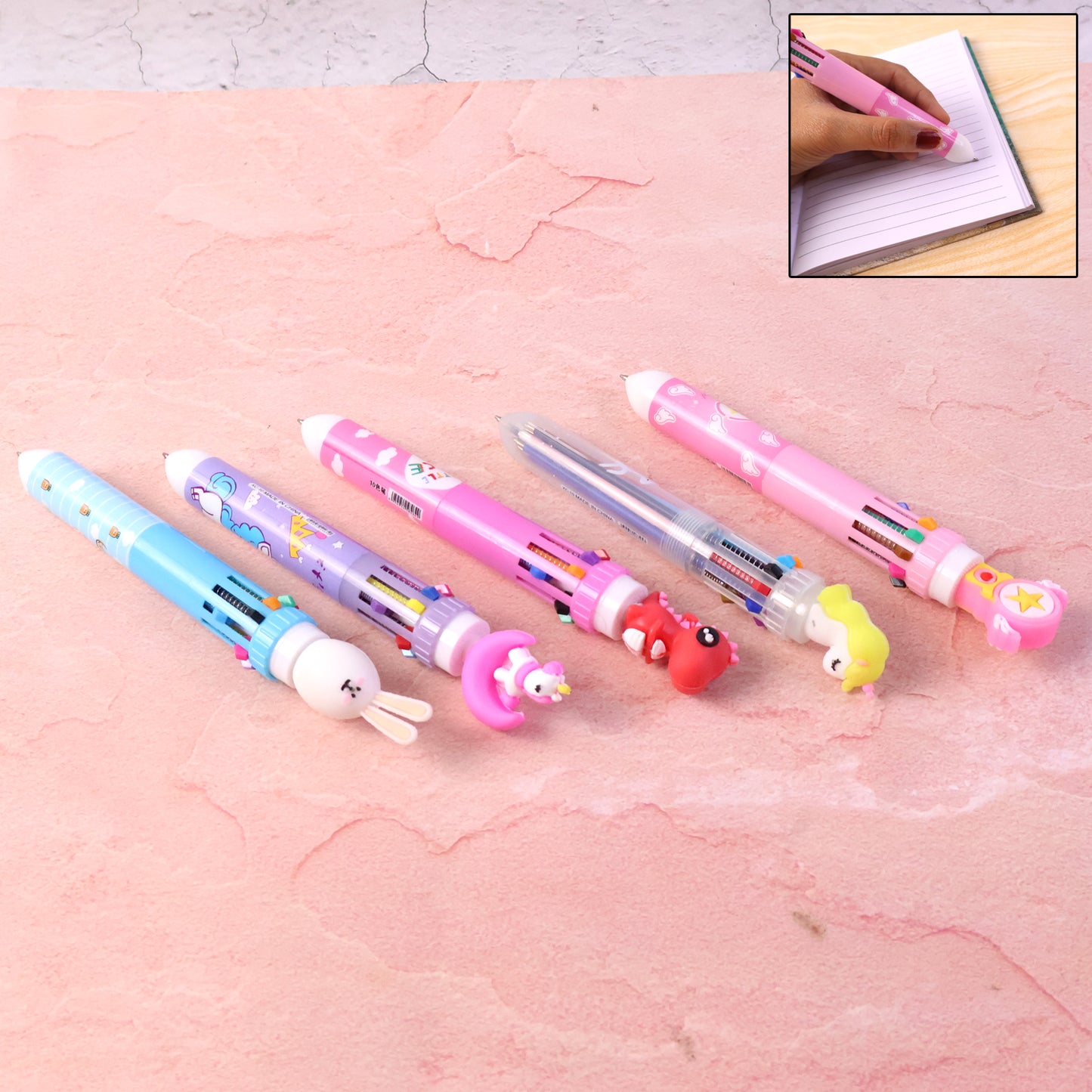 Multicolor Wukusy 10-in-1 character design ball pen with cute cartoon illustrations and multiple ink colors.