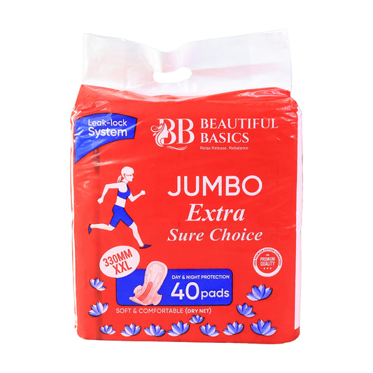 Wukusy Beautiful Basics Jumbo Extra Sure Choice sanitary pads, XXL 330mm, 40 pack, shown in open package with pads laid out