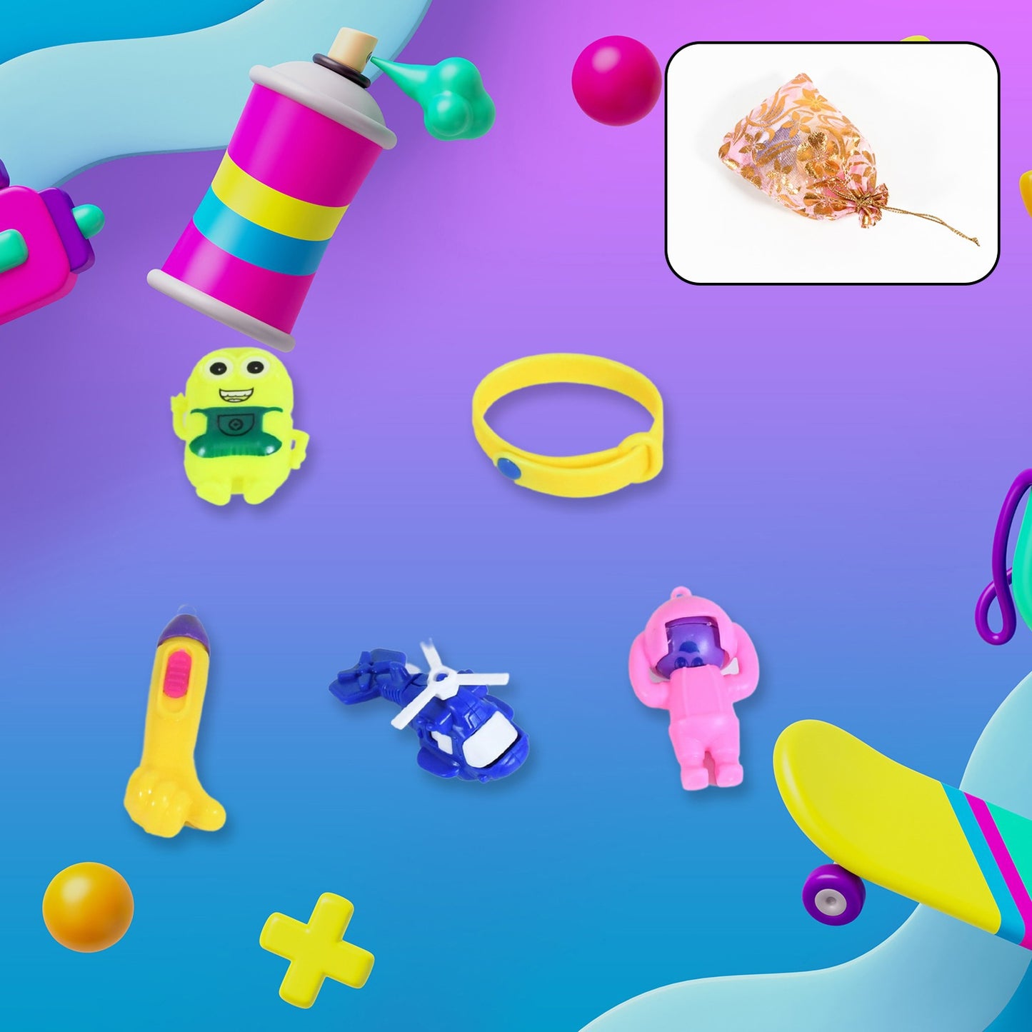 Colorful 5-piece Wukusy toy combo set for kids with a potli bag, featuring attractive and unique toy designs perfect for gifting.
