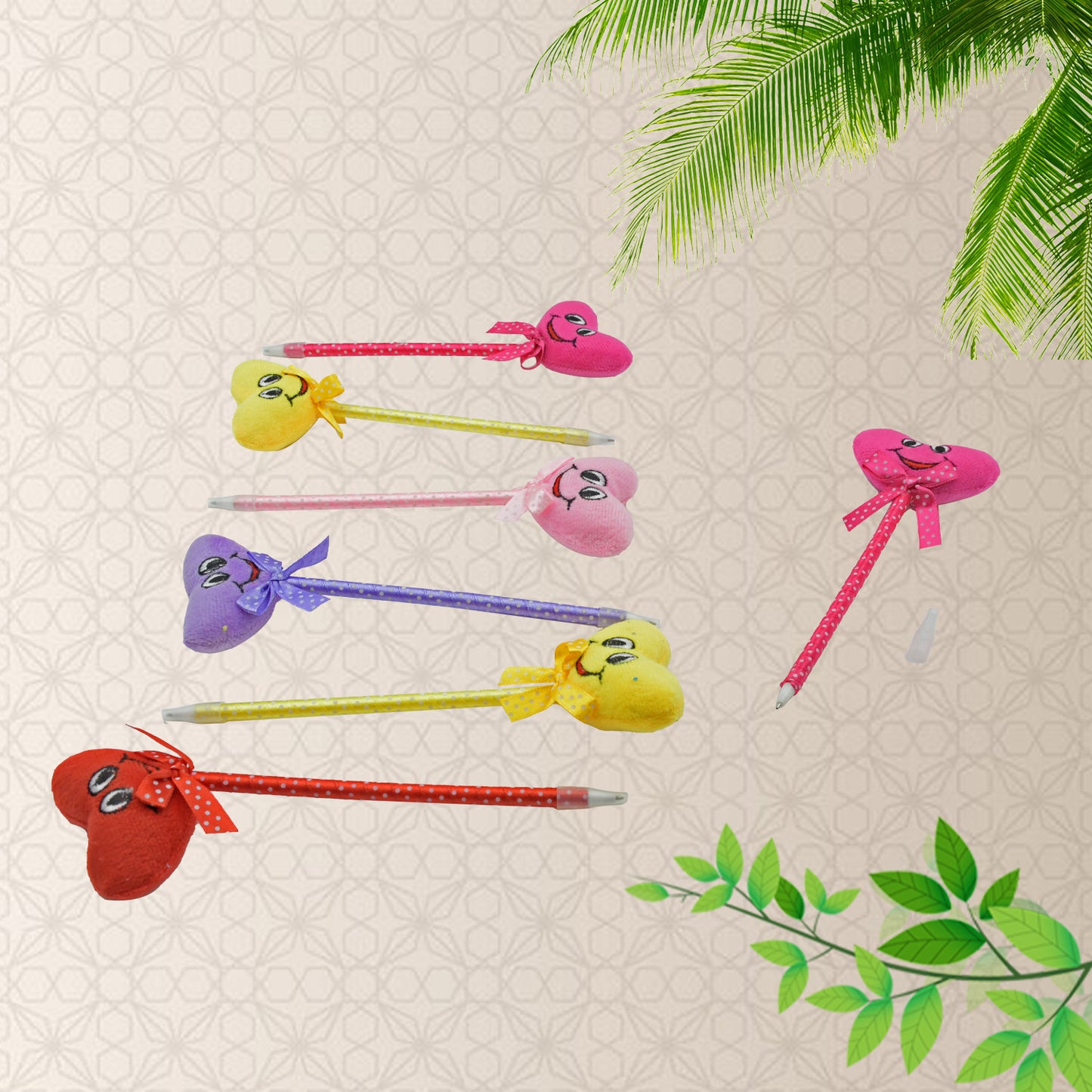 Set of 12 Wukusy cartoon heart-shaped writing pens with attached rattles, colorful and smooth for kids' wedding and event use.