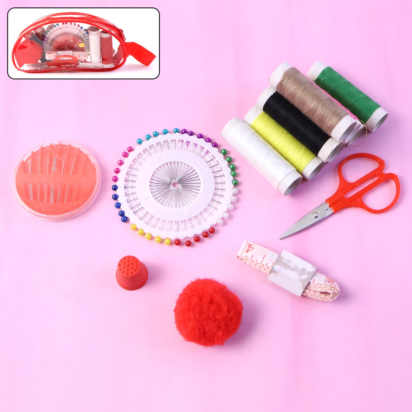 Wukusy complete sewing stitching kit with colorful threads, needles, scissors, and sewing accessories on a white background.