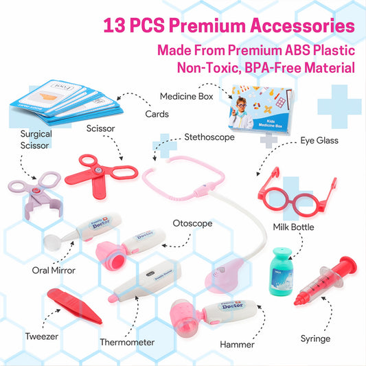 Wukusy premium doctor toy set for kids featuring a colorful trolley with pretend medical tools and accessories.