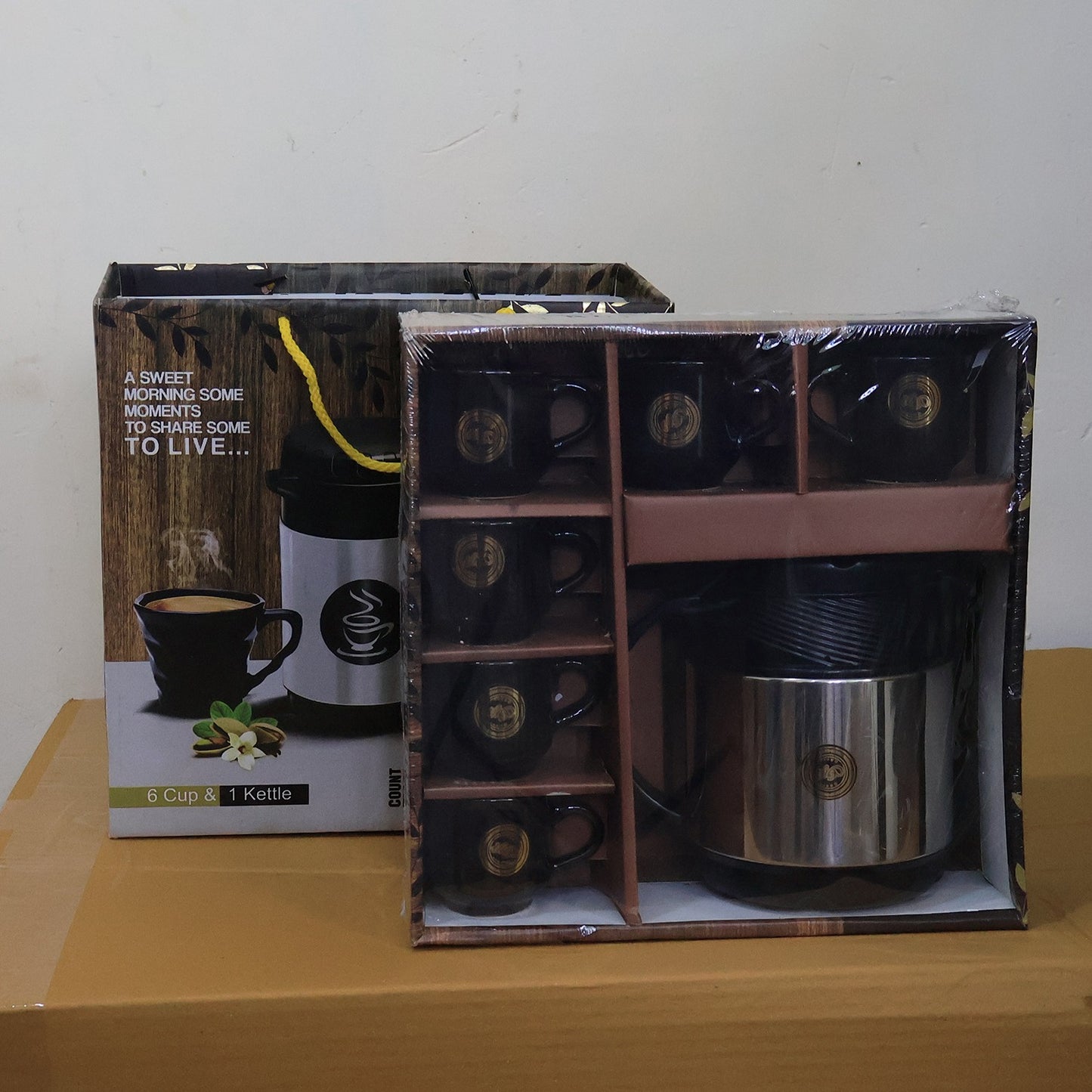 Wukusy tea and coffee thermos flask with six ceramic cups set, ideal for home and kitchen use, shown on a countertop.