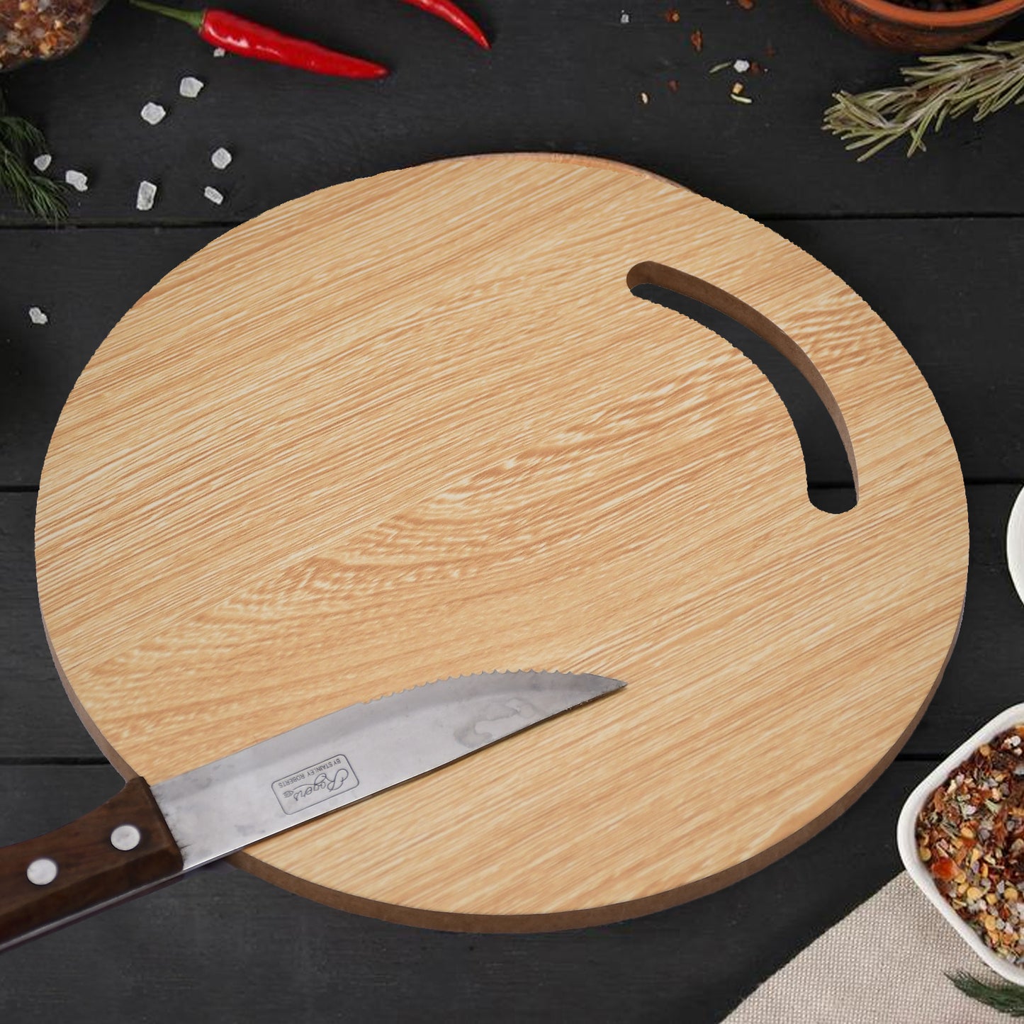 Wukusy 7123 wooden round chopping board for chopping fruit and vegetables, natural wood surface with knife marks visible.