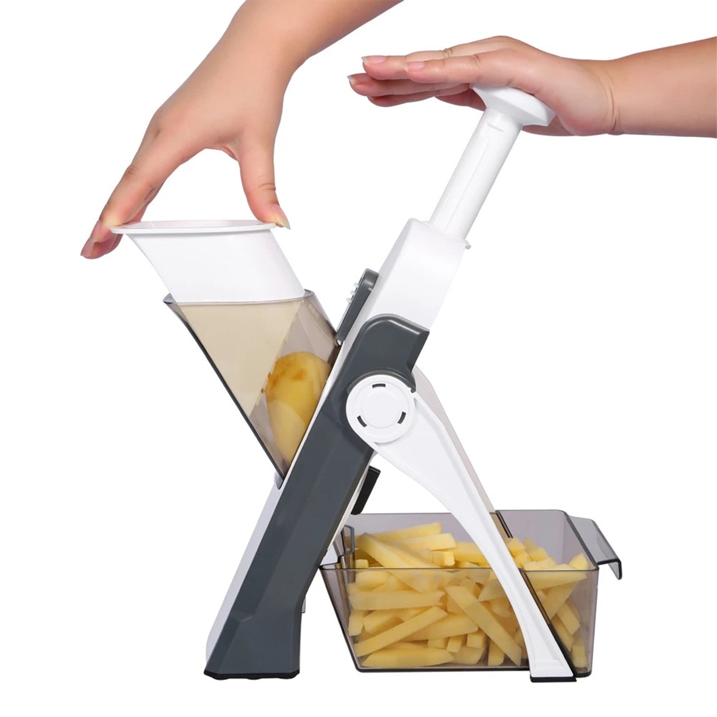 Wukusy 2801 multi-functional adjustable hand press vegetable chopper with stainless steel blades and ergonomic handle.