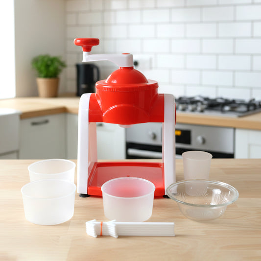 Wukusy manual ice snow maker machine in red, compact device for making snow or ice in winter or for fun activities.