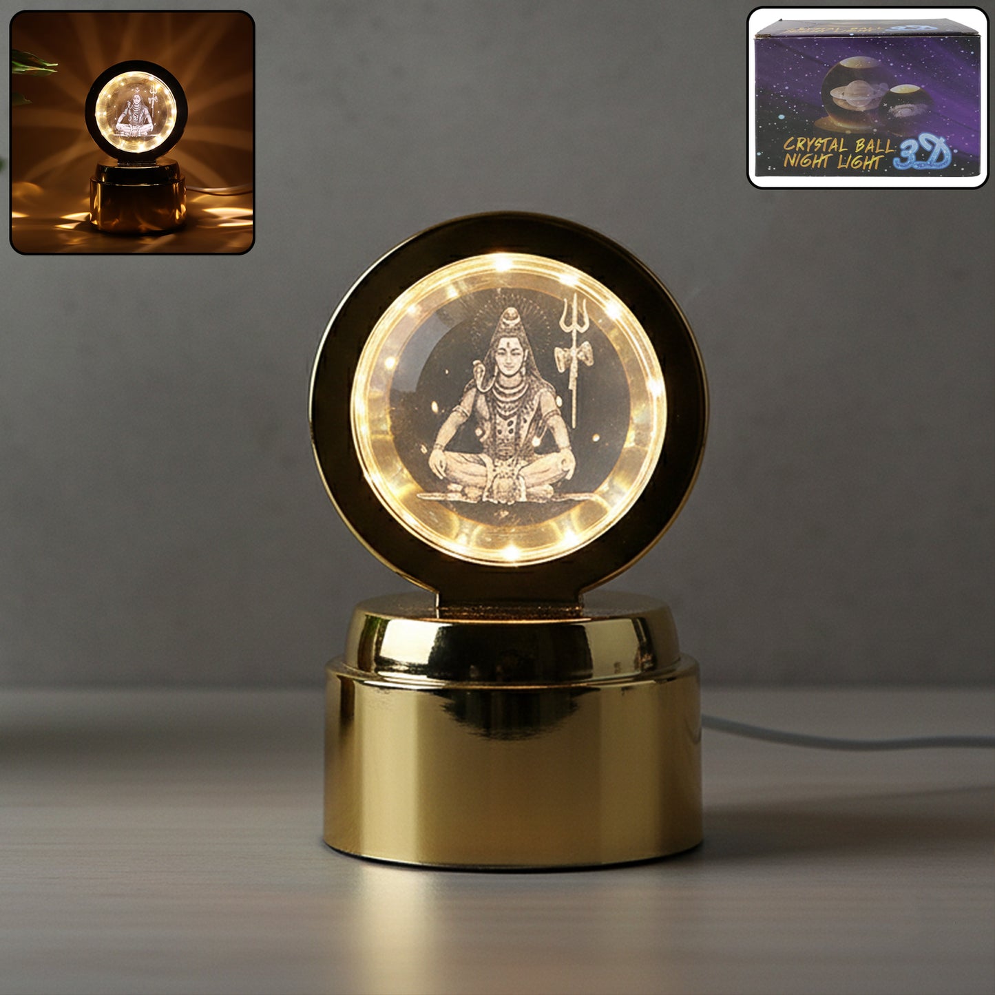 Wukusy Mahadev 3D crystal ball night light glowing with intricate Mahadev design, illuminated in a dark setting