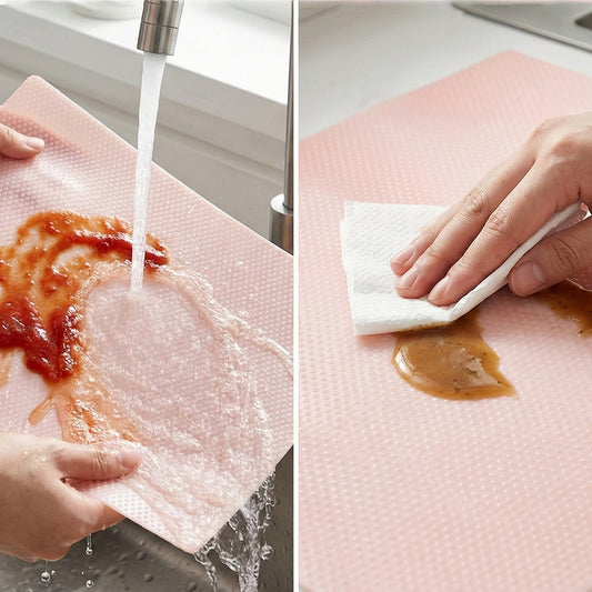 Set of four transparent plastic fridge mats measuring 45x29 cm by Wukusy, shown spread out inside a refrigerator.