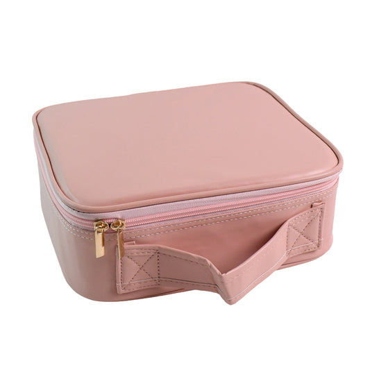 Pink Wukusy LED makeup organizer box with built-in lights, designed for storing cosmetics and beauty tools.