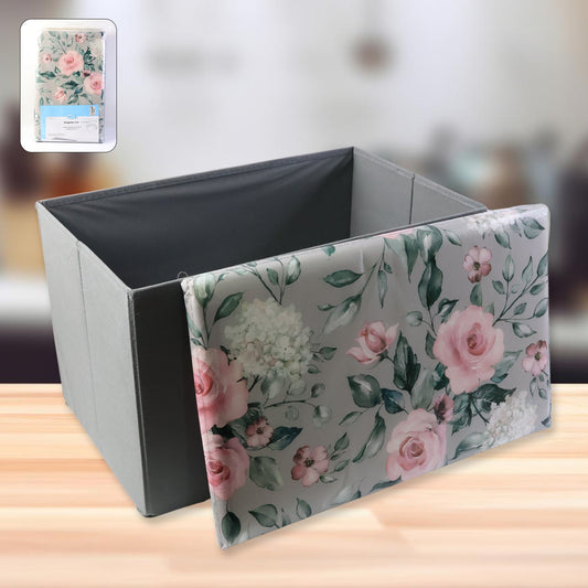Wukusy premium foldable storage box with floral lid for home organization, made of durable material, shown closed in a home setting.