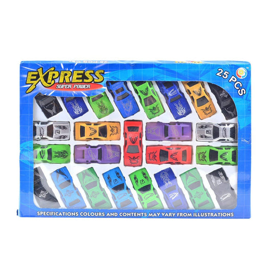 Wukusy 8058 Super Racer Power Car Set with 25 toy cars and accessories, colorful plastic vehicles for kids' play.