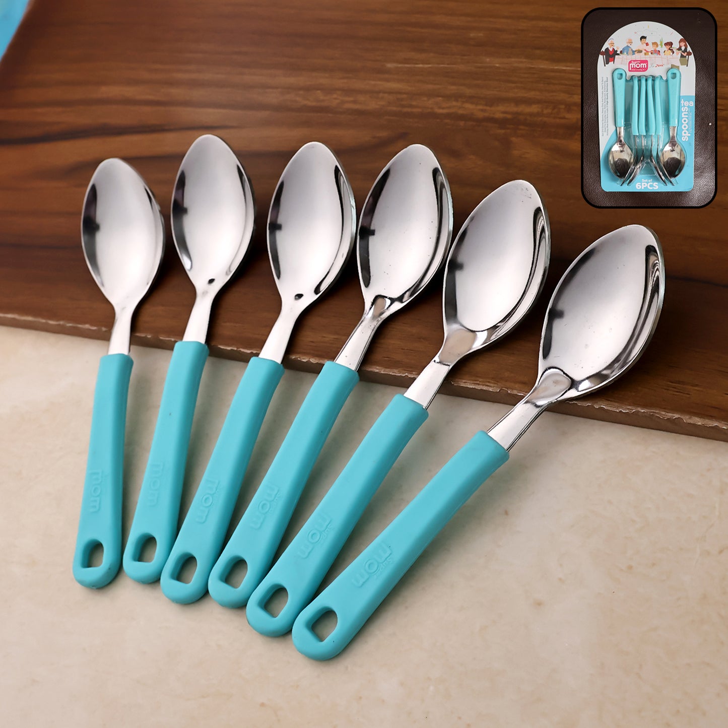 Set of six Wukusy Supermom stainless steel tea spoons with polished handles, perfect for tea or coffee stirring.