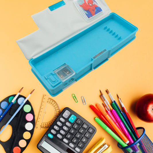Wukusy 4260 Art Stationery Cartoon Geometry Box with inbuilt calculator, double sharpener, and open dual compartments for boys and girls