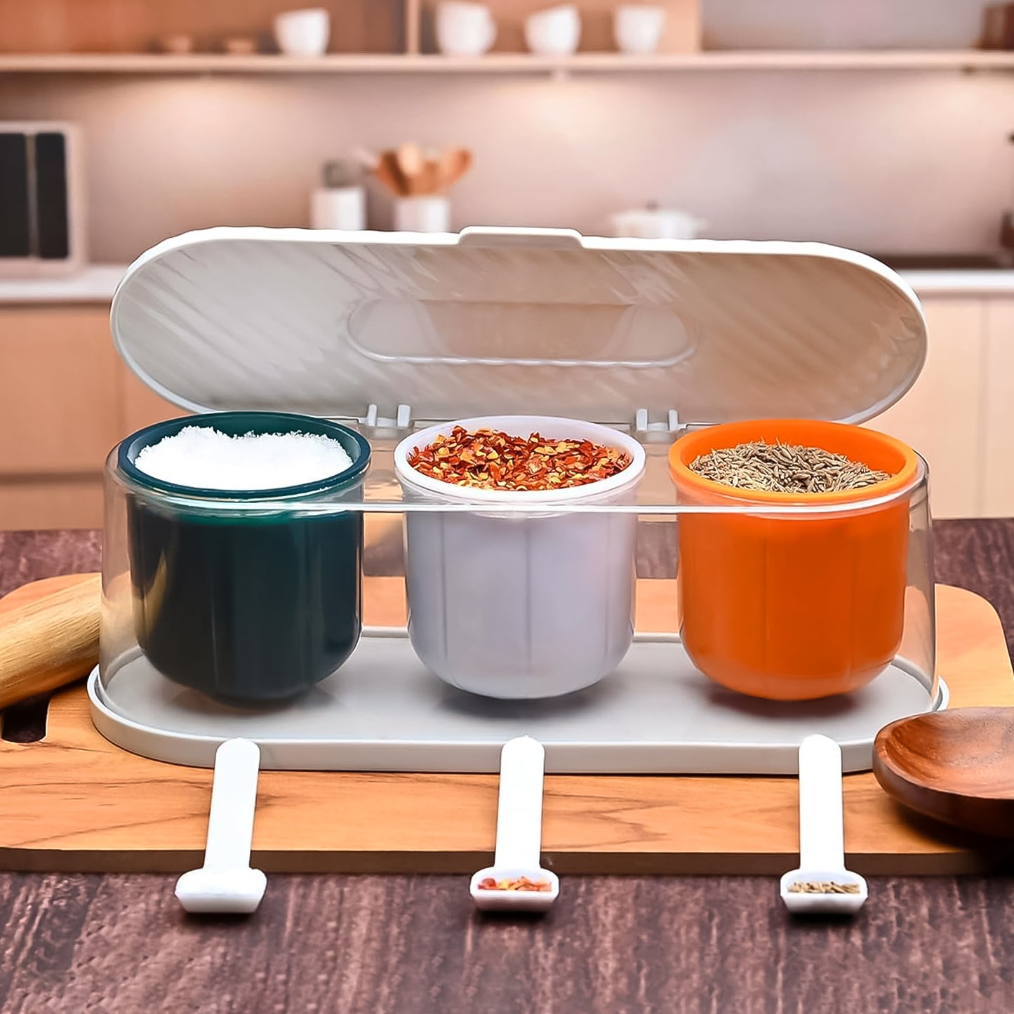 Wukusy 3-grid spice masala box kit with spoons in multicolor for home kitchen storage and seasoning organization