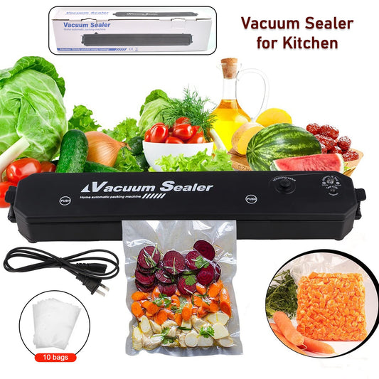 Wukusy vacuum sealer machine with 10 sealing bags for home and kitchen use, shown with the device and sealing bags in the image.