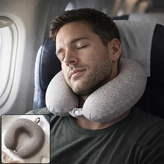Gray Wukusy U-shaped travel neck pillow with soft fabric for head and neck support, ideal for comfortable travel.