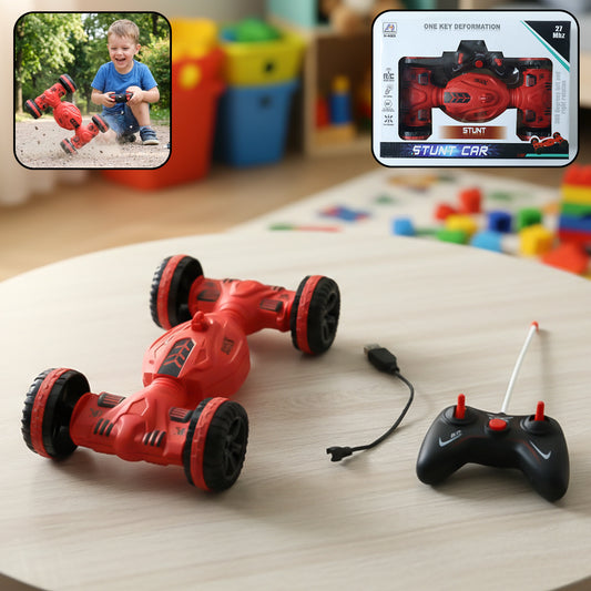 Wukusy remote control stunt car with one-key deformation feature, shown in action on a smooth surface in the image.