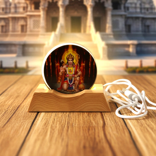 3D acrylic Hanuman Ji LED night lamp by Wukusy showing detailed Hanuman figure illuminated in a dark setting.
