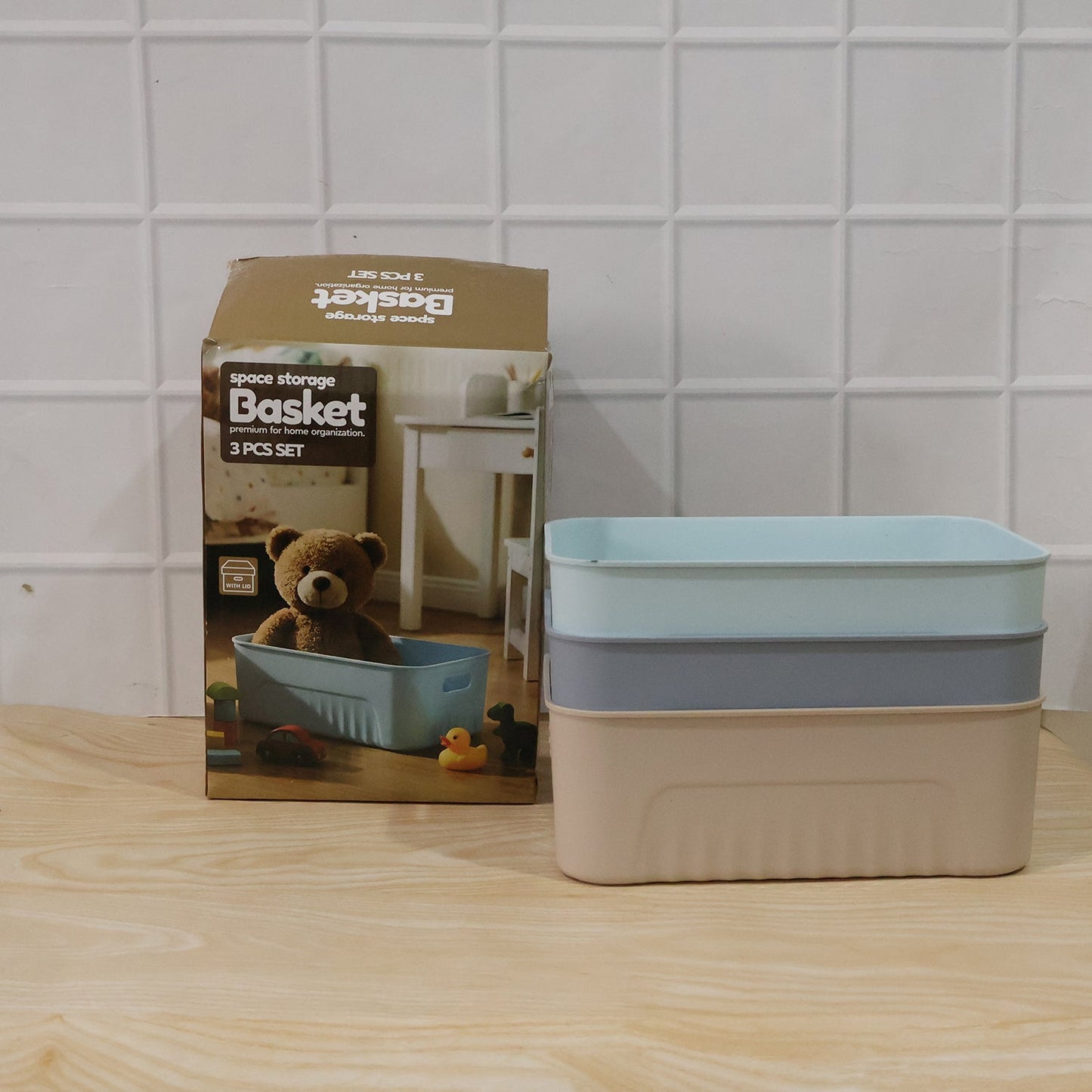 Set of three Wukusy space storage baskets, versatile plastic organizer bins for home or office organization.
