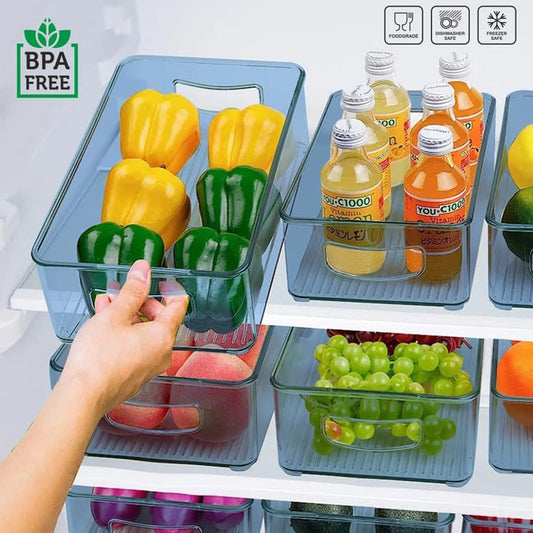 Wukusy plastic refrigerator organizer bins set of 2, clear stackable fridge storage containers with handles for food, fruit, and vegetables.