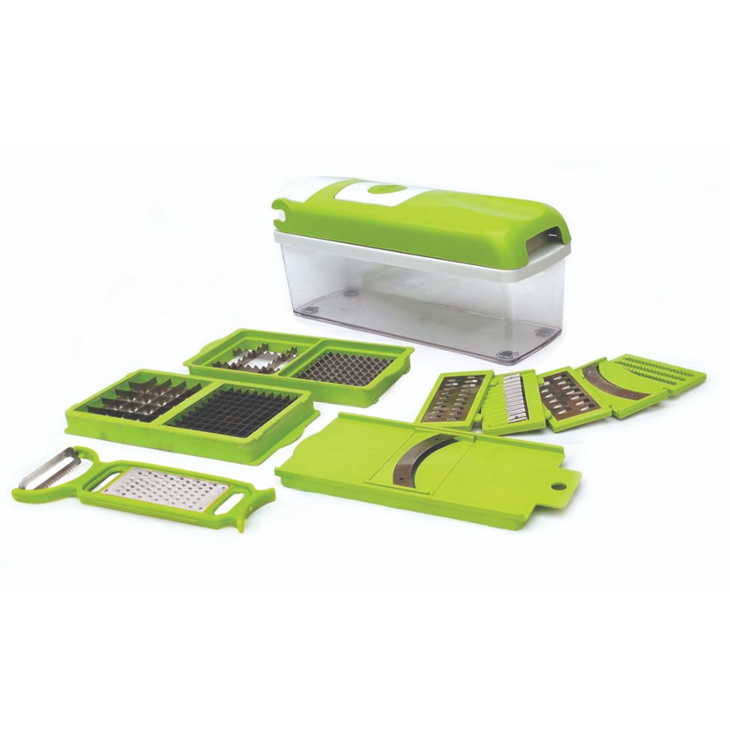 Wukusy 13-in-1 plastic vegetable grater, slicer, and chopper with multiple blades for versatile kitchen prep.