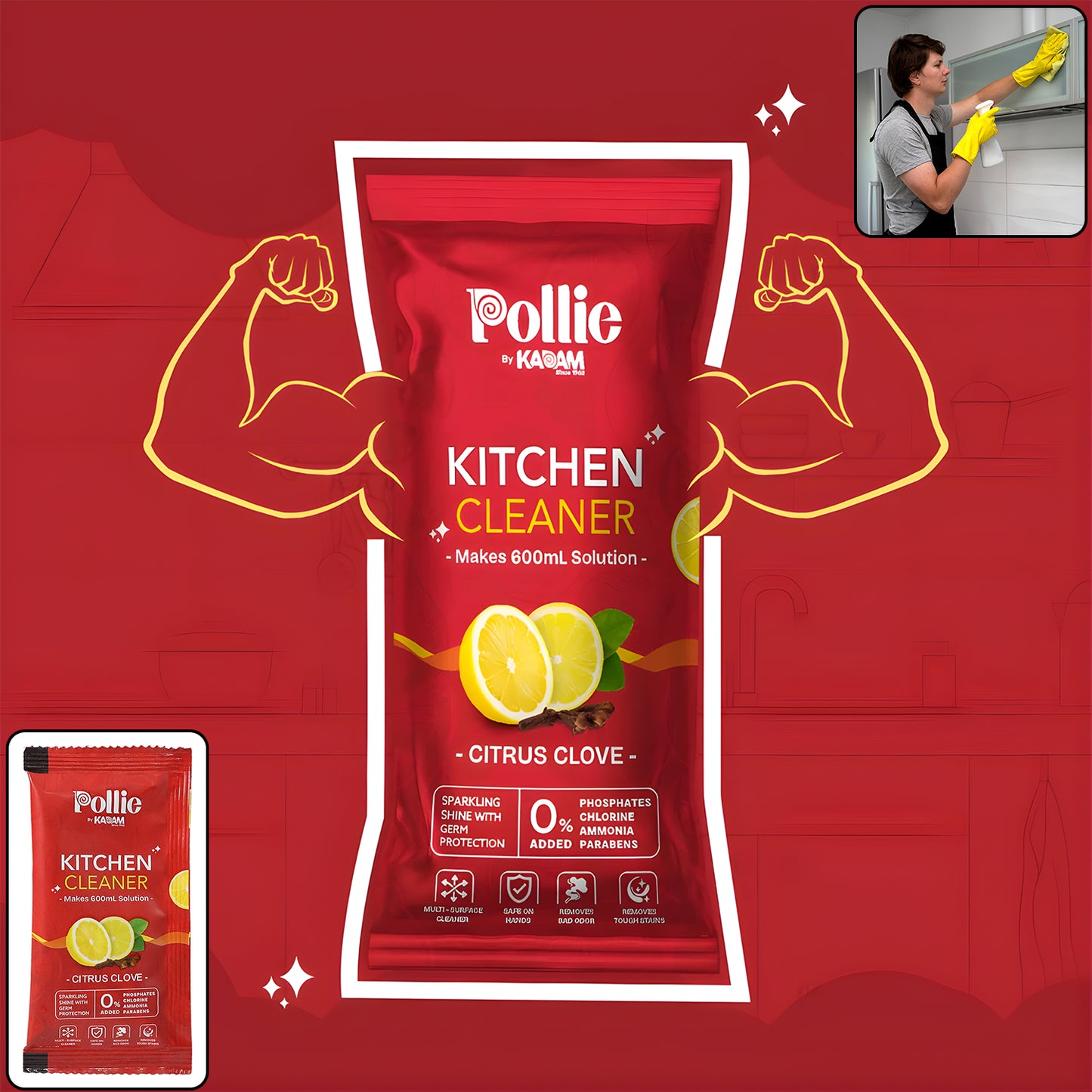 Wukusy Pollic Kadam concentrated kitchen surface cleaner sachet for home use, designed for effective kitchen cleaning.