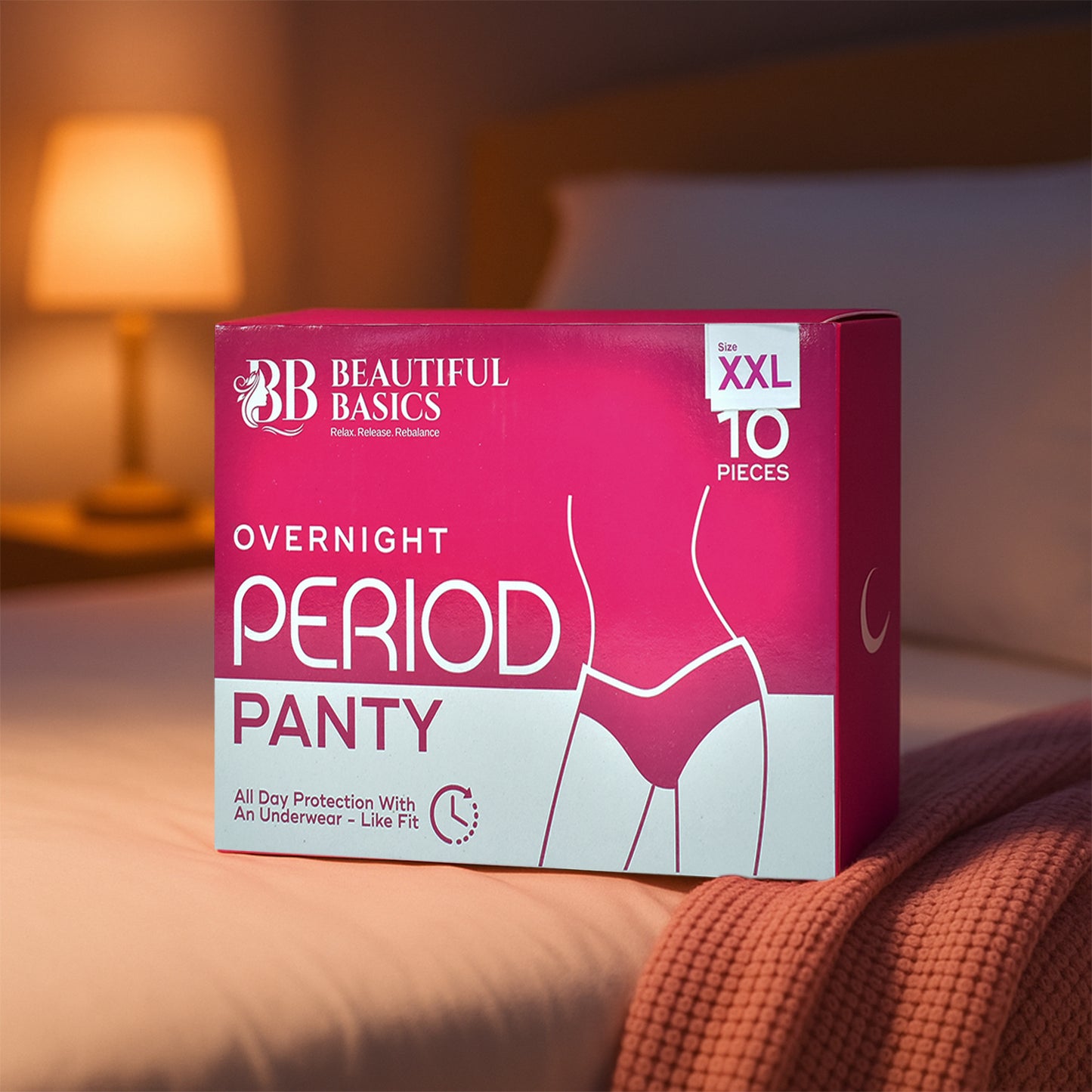 Wukusy Beautiful Basics overnight period panties in XXL size, 10-piece pack, soft and comfortable health care underwear for overnight wear.
