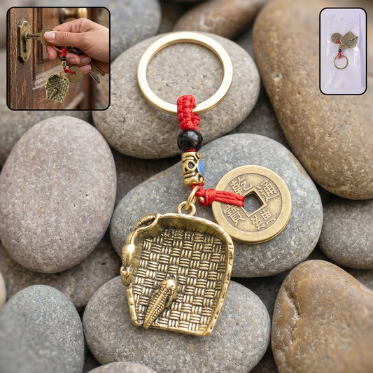 Copper plated dustpan pendant keychain with lucky coin and bag charm, Feng Shui accessory by Wukusy featuring intricate details.