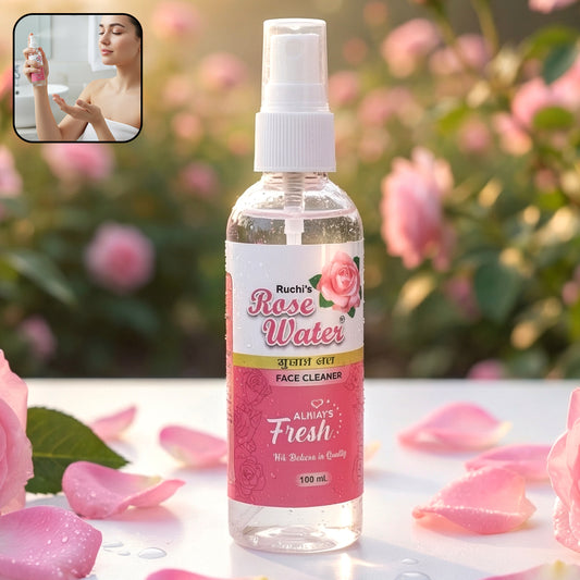 Wukusy Rose Water Face Mist Spray 100ml in clear spray bottle, refreshing facial mist with rose extract for glowing skin