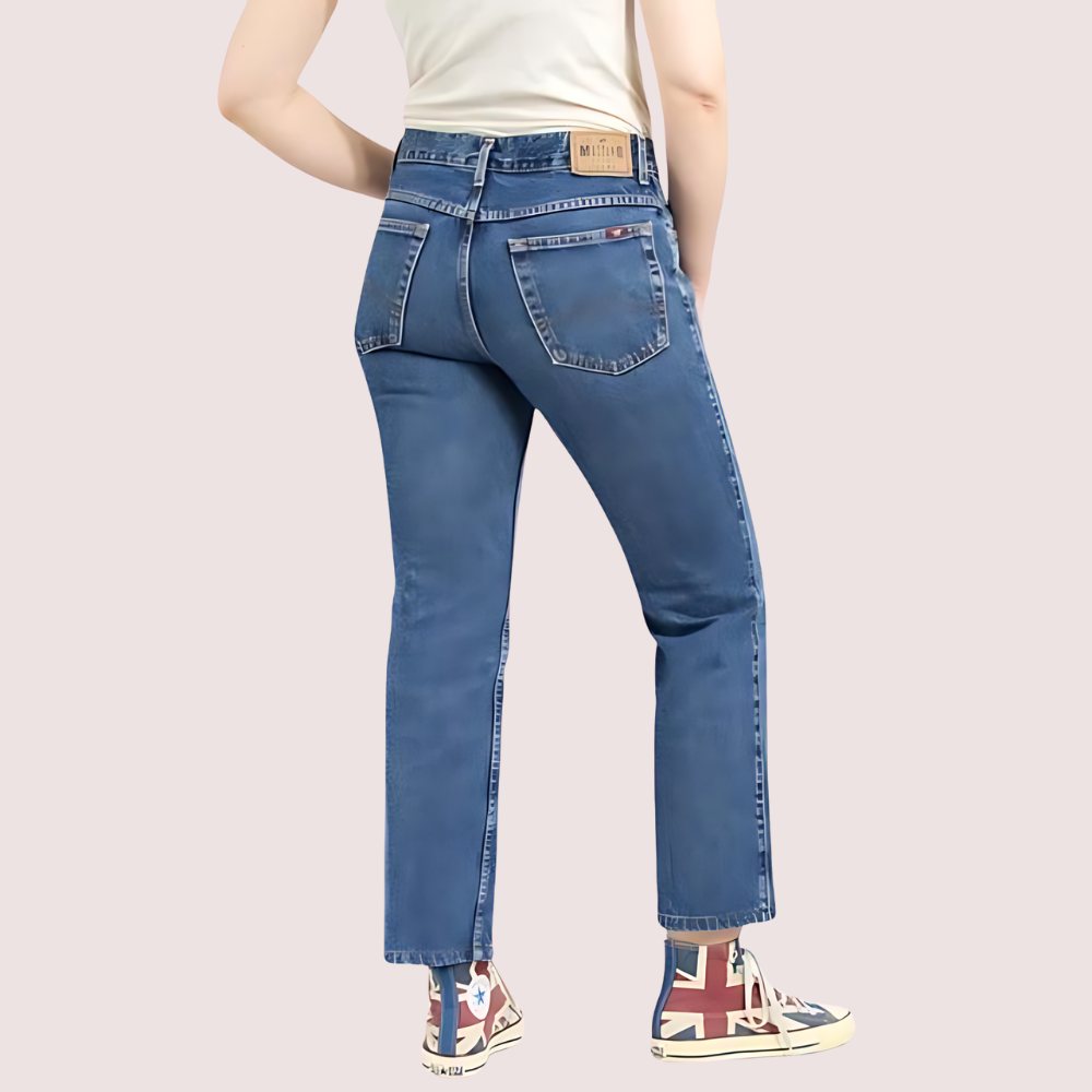 Women's blue denim straight leg jeans by Snazzyway, classic 90s-inspired fit with a casual, timeless style.