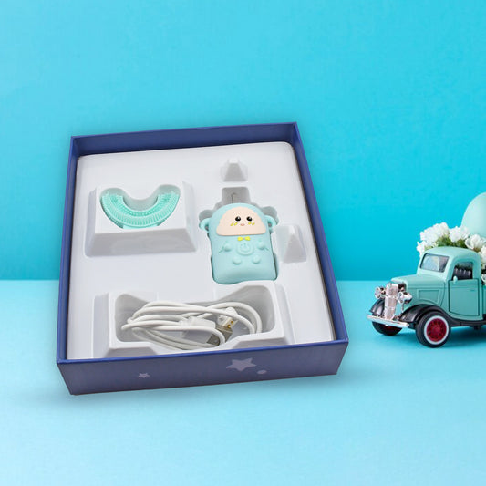 Wukusy 6892 electric kids toothbrush with light, music, U-shaped design, USB rechargeable, plastic and ABS, automatic cleaning.
