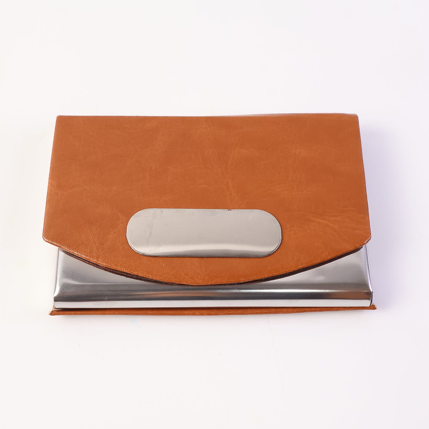 Wukusy leather business card holder with stainless steel accents, compact and stylish for carrying cards securely.