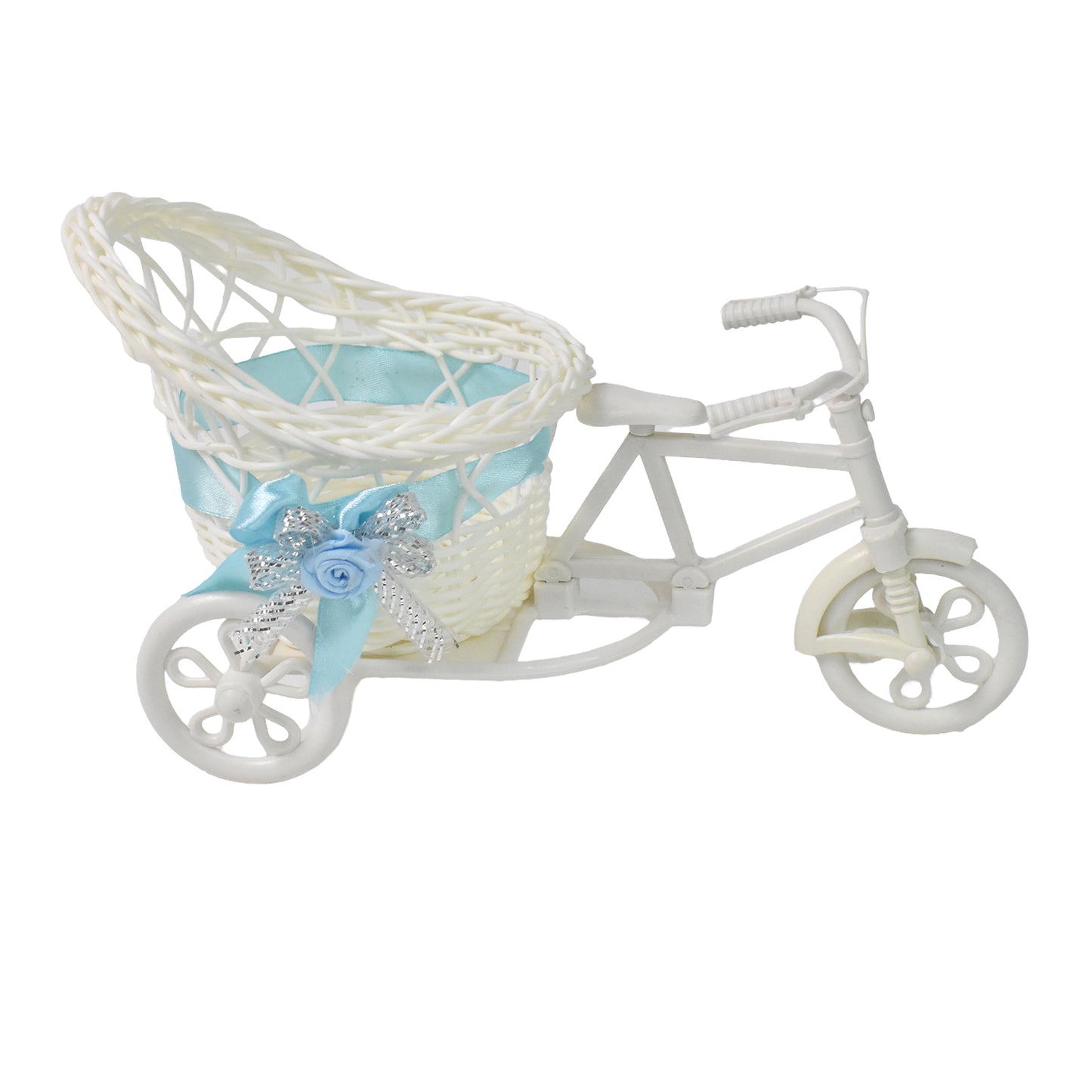 Wukusy plastic bicycle-shaped flower vase on stand, ideal for home decor and displaying colorful flowers.