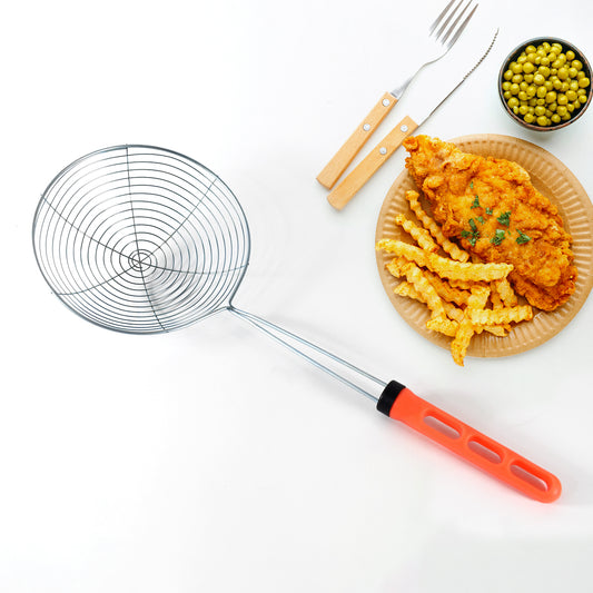 Wukusy stainless steel deep fry strainer with fine mesh basket for draining fried foods, sturdy handle for safe handling.
